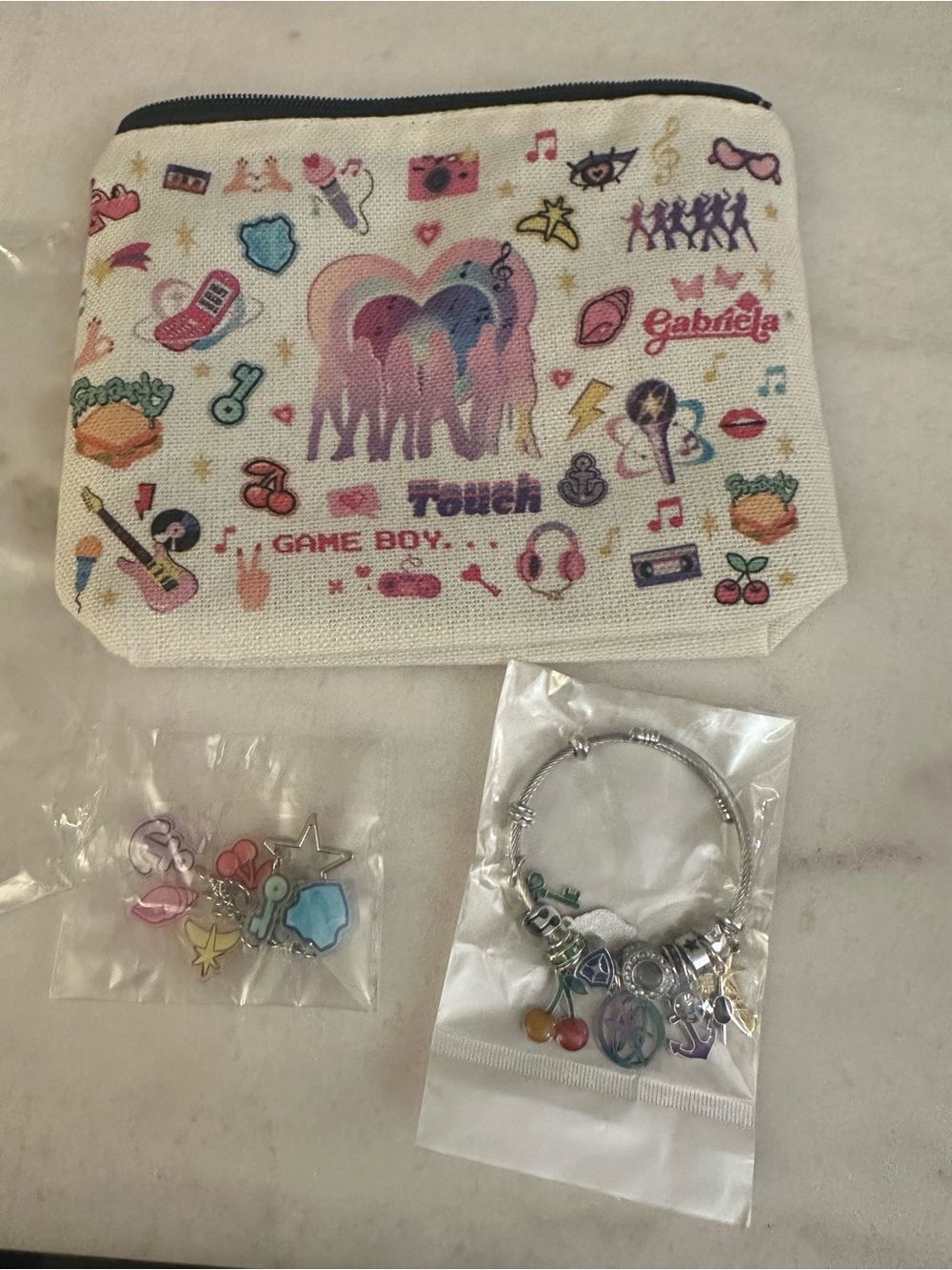 Kids Cream & Pink Graphic Zip Pouch with Charm Bracelet